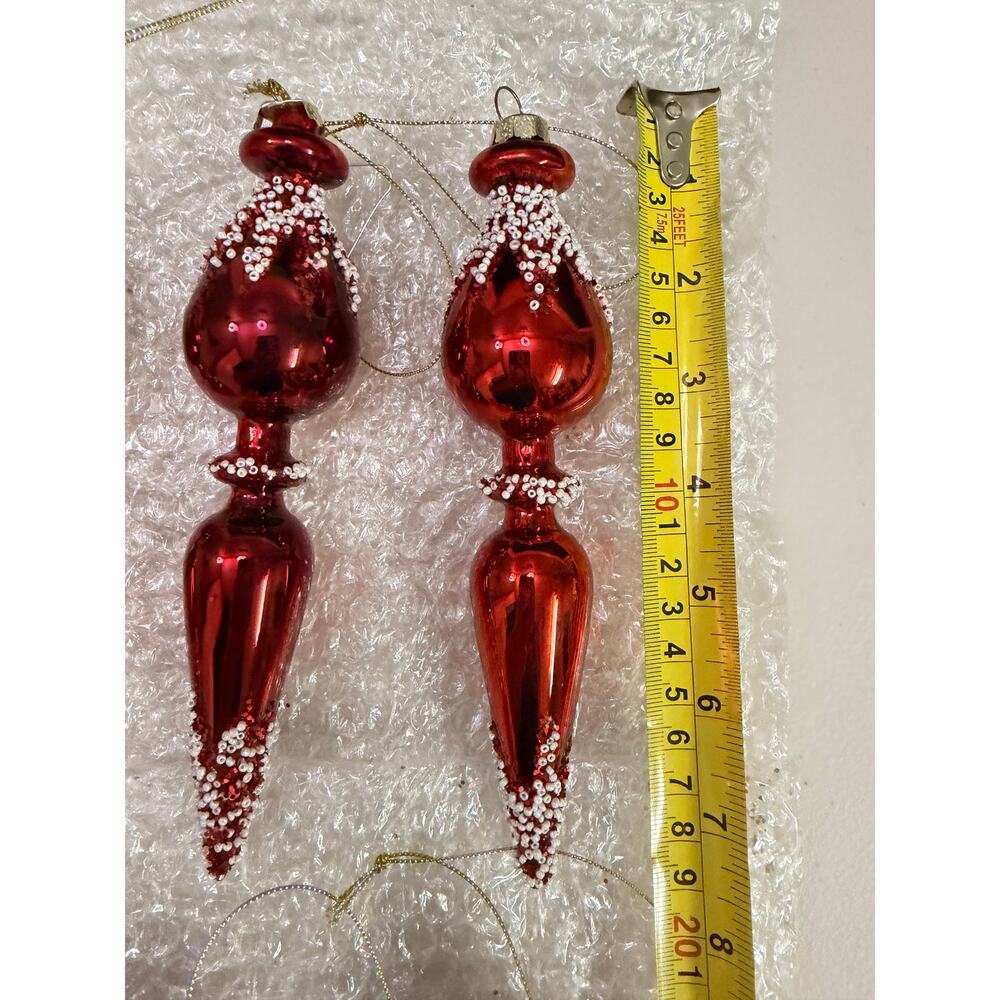 6 Red Glass Finial Christmas Ornaments Nordic Frost Beaded Tree Decor - Picture 5 of 8